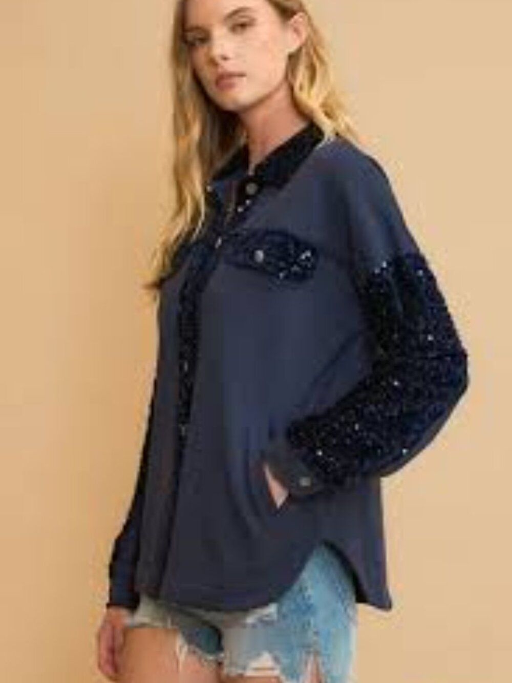 Umgee Women's Boho Sequin Trim Navy Women's Shacket